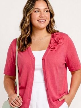 Jones New York V-Neck Rosette Applique Pink Cardigan Sweater Large